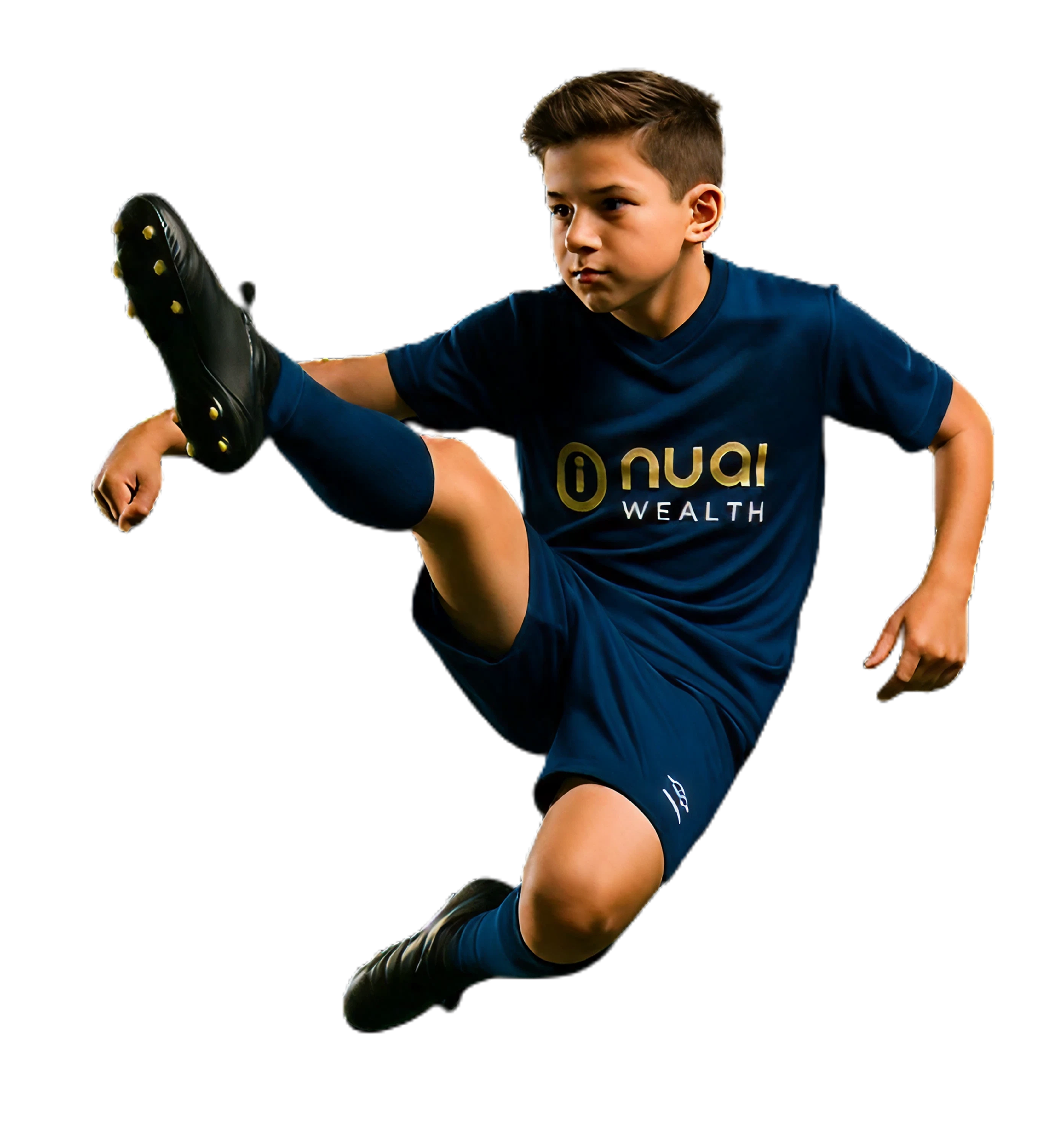 Young football player in blue jersey